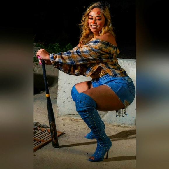 Liliana Studded Spike Denim Slouchy Over-The-Knee Boots Size 7.5 - Picture 2 of 5